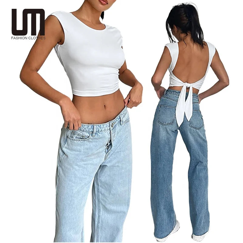 Liu Ming Hot Selling Summer Women Clothing Solid Color Y2K Short Sleeve Backless Slim Fit Sexy XS Crop Tops Basic T Shirt