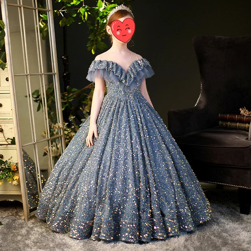 Girls Sparkly Exquisite Sequins Bling Princess Dress Costume Party Wedding Dresses