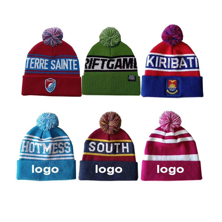 Knitting Stripe Beanie/Custom Knitted Pom Beanie Hat/Acrylic Jacquard Beanie Caps