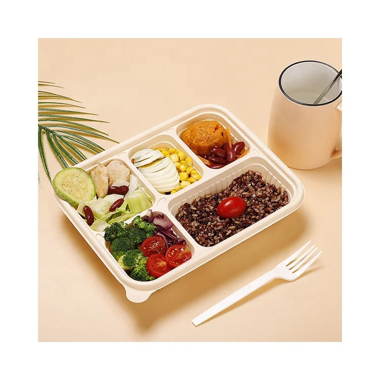 Biodegradable Disposable Food Container Packaging Box 5 Compartment Microwave Safe Takeout Cornstarch Lunch Box