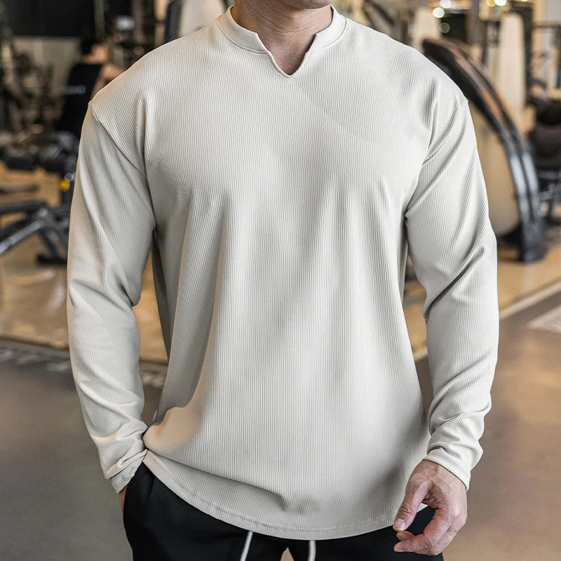 Men Muscle V-Neck Shirts Elastic Long Sleeve Workout Gym T-Shirts Tees Bodybuilding