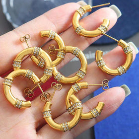 18K Gold Plated Stainless Steel Hoop Stud Earrings for Women Fashionable Geometry Zircon Inlaid Bamboo Knot for Anniversary
