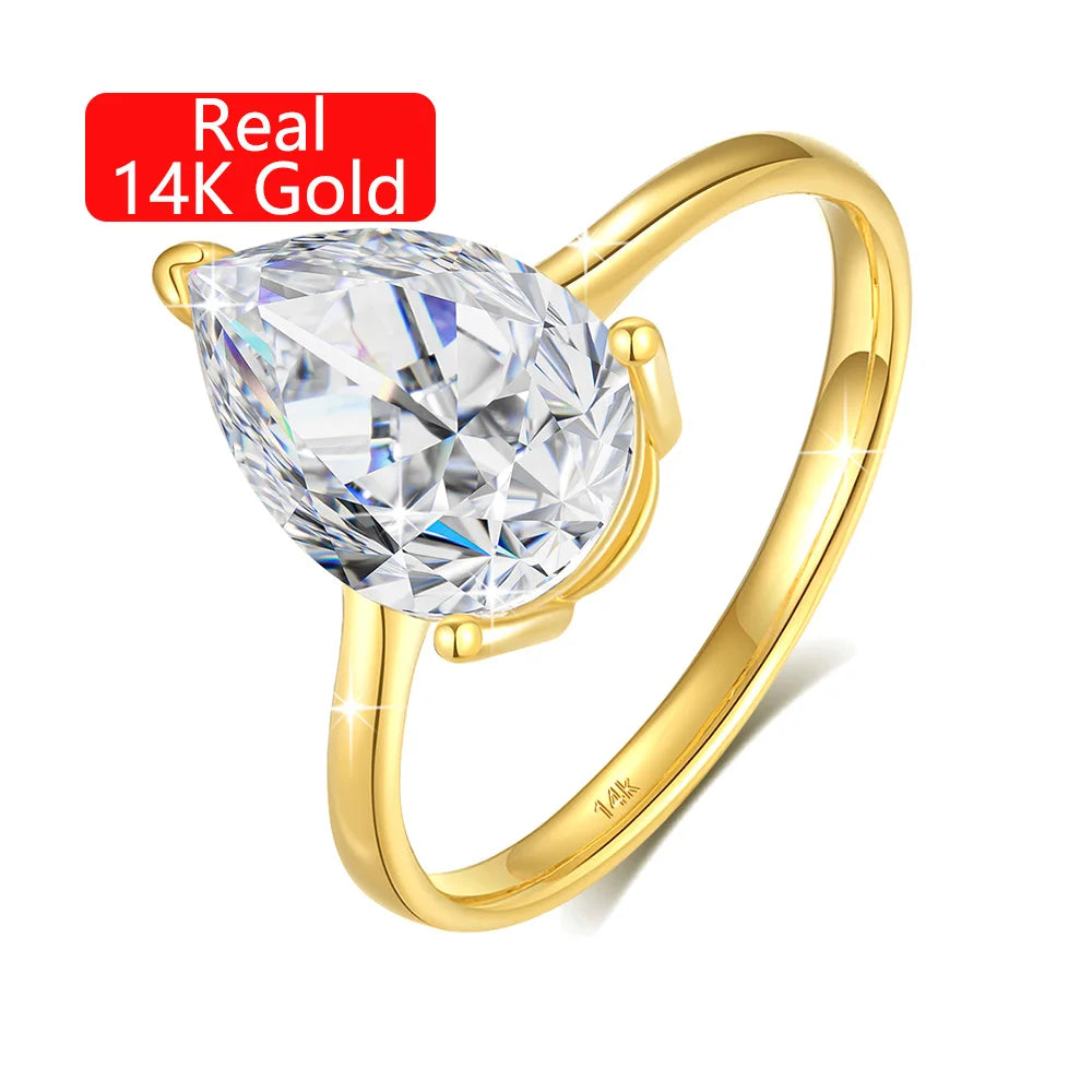 Luxury Fine Jewellery Supplier Woman Engagement Party Ring 3 Claws Hollow 14K Gold 2ct Pear Cut Moissanite Diamond Ring