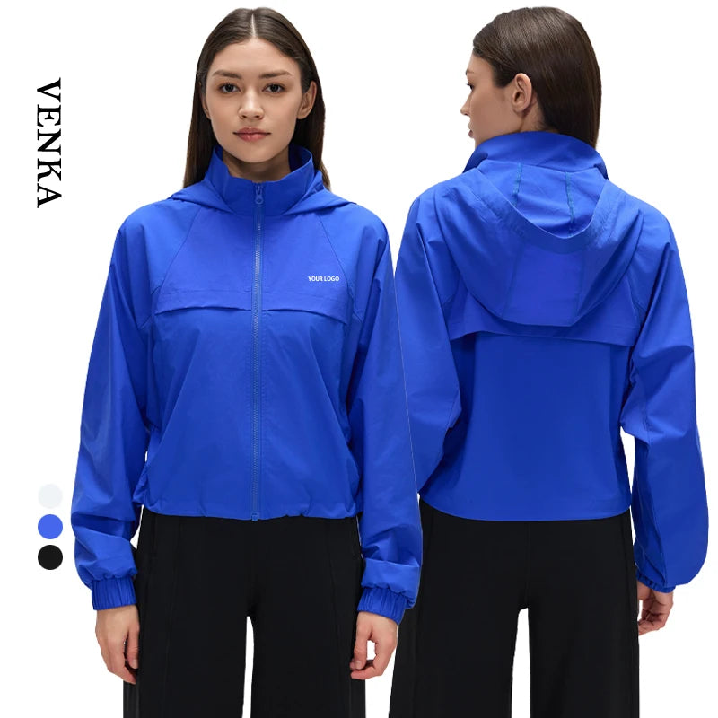 Women Breathable Jacket Top with Side Pockets Quick Dry Waterproof Tightened Cuffs for Outdoor Sports Long Sleeves Hooded Shirts