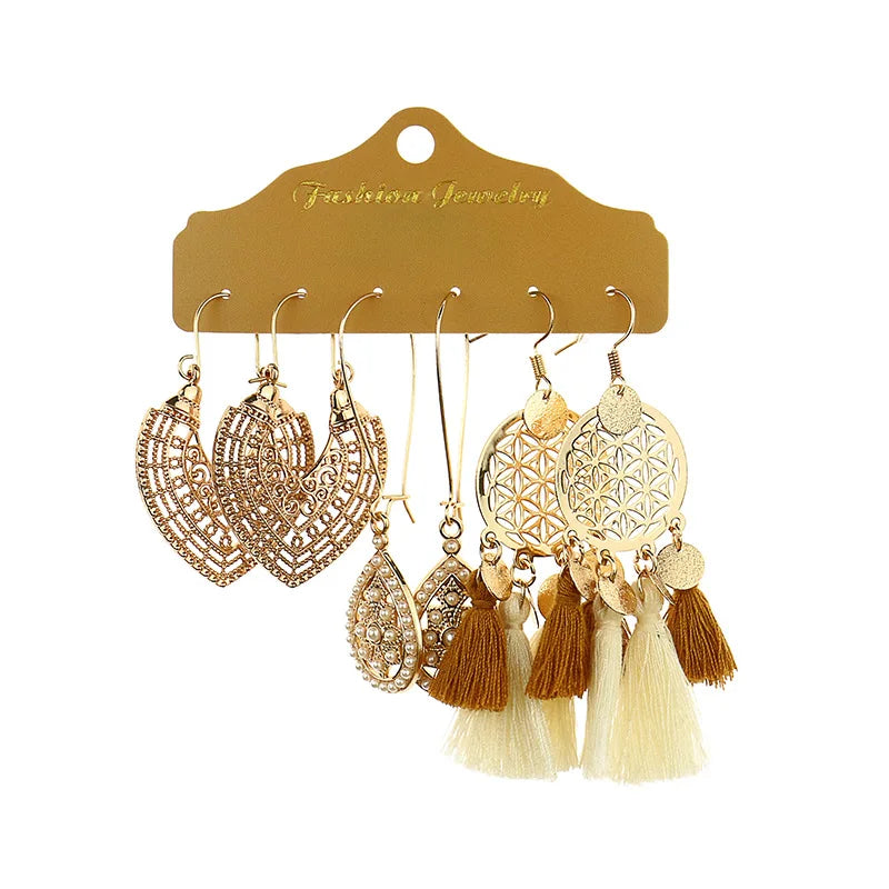 Factory Direct Gold Simple Hoop Earrings Set Alloy Flower Tassel Combo Earrings Jewelry