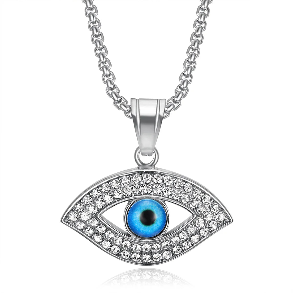 Hiphop Trendy Eyes of the Devil Necklace Stainless Steel Turkish Blue Eye Pendant Zircon Stone Men Necklace for Gift
