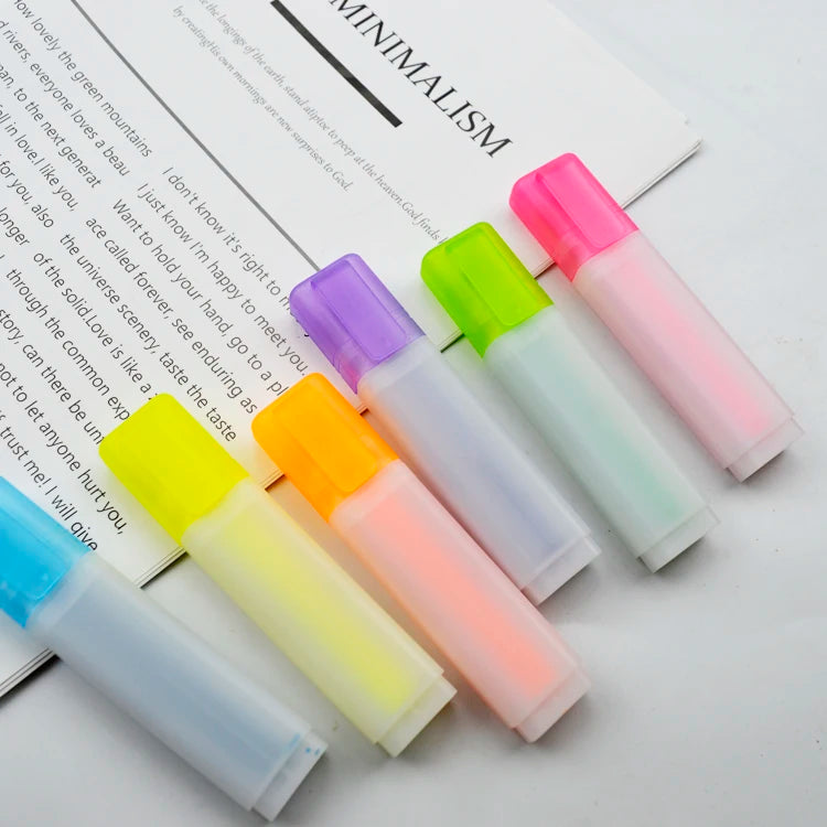 Custom Logo Flat Novelty Plastic Body Mini Set 6 Solid Color Maker Highlighter Pen