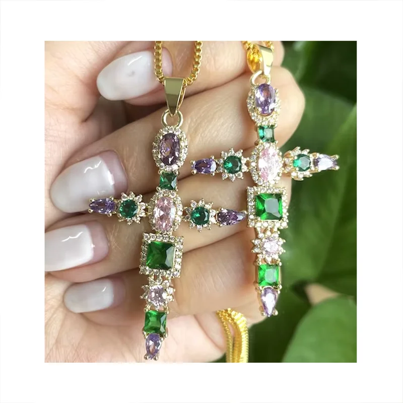 2026 Fashion Cubic Zirconia Cross Pendant Colorful Stone Necklace for Women Charms Jewelry Accessories