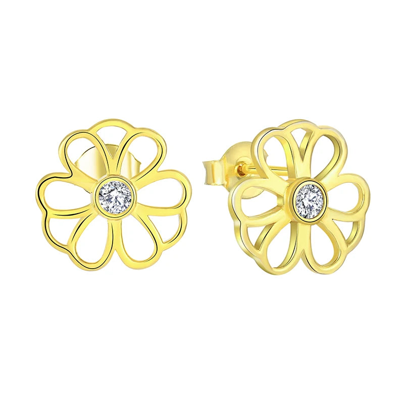 14K 18K Yellow Gold Plated Cz Stone 925 Sterling Silver Jewelry Flower Dangle Drop Stud Earrings for Women Accessories