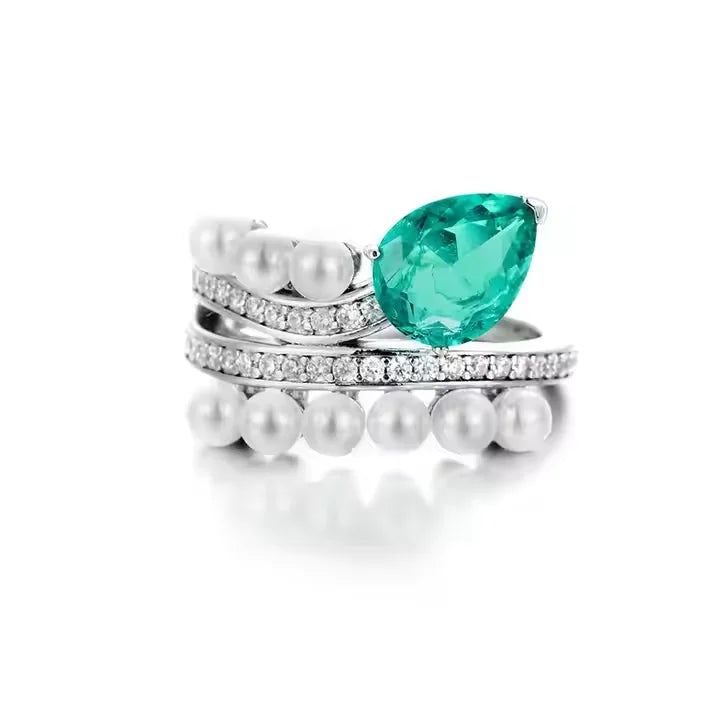 Luxury 925 Sterling Silver Ring Rhodium Plated Fashionable Zircon Personality Loose Pearls Emerald Party Snake Dazzling Pear Cut