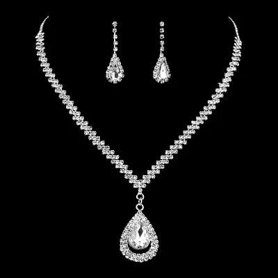 New Silver-plated Water Drop European and American Bride Diamond Necklace and Earrings Wedding Jewelry  Set