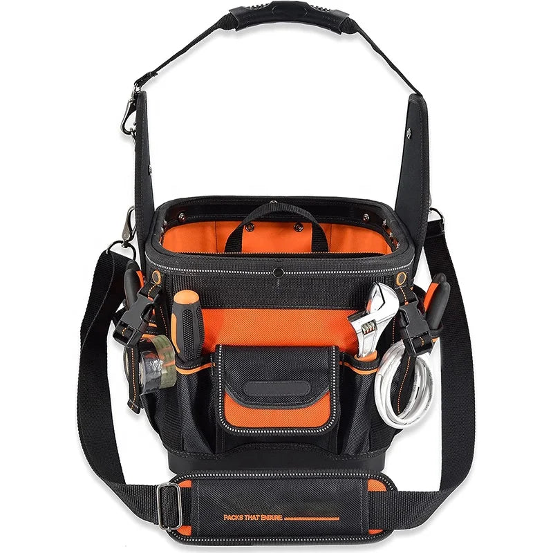 Custom Durable 24-Pockets Hard-Based HVAC Tool Carrier Caddy Organizer Open-Top Electrician Tool Bag with Base