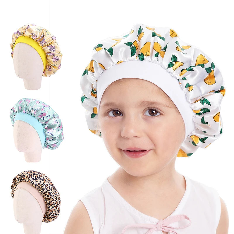 Wholesale Pattern Printed Bonnet Hair Accessories Cute Child Size Colorful Sleep Cap Wide Band Satin Bonnet for Kids