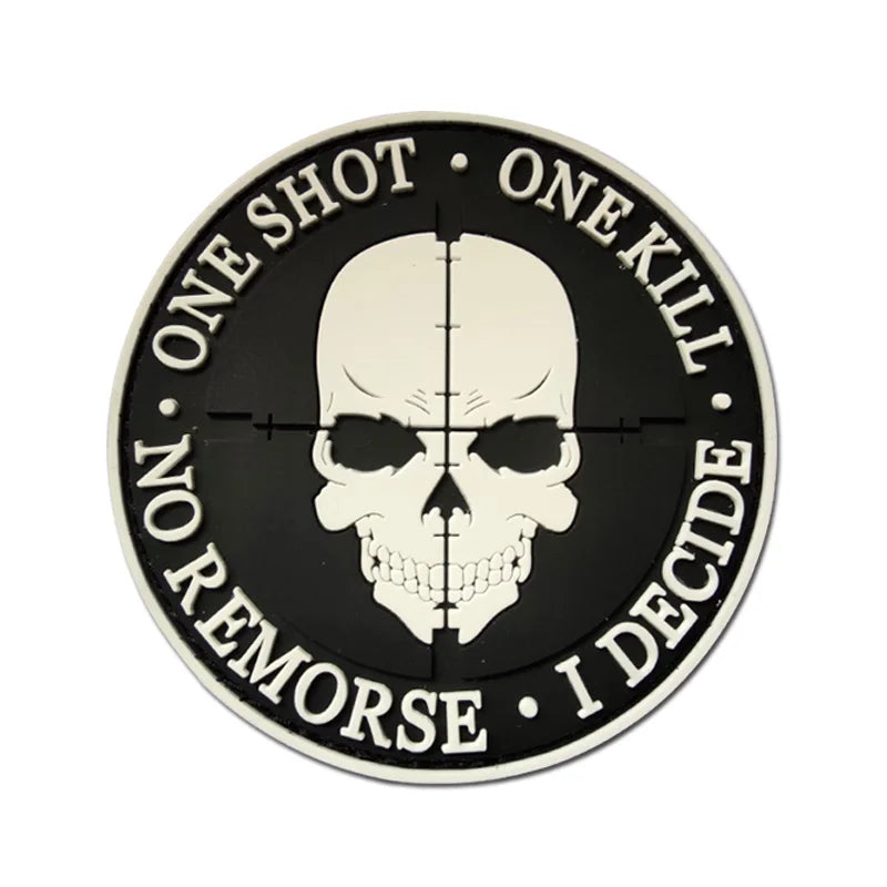 Aiming at One Shot Sniper Skull PVC Rubber Tactical Patch Badge with Hook Glow in the Dark Soft for Bags & Clothes