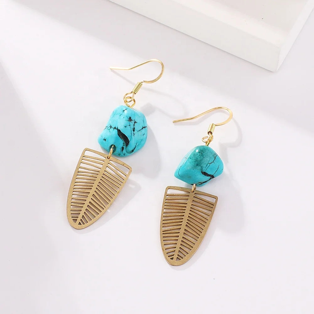 Women's Gold-Plated Copper Chandelier Earrings with Turquoise Stone New Design Dangle Earrings for Weddings Parties or Gifts