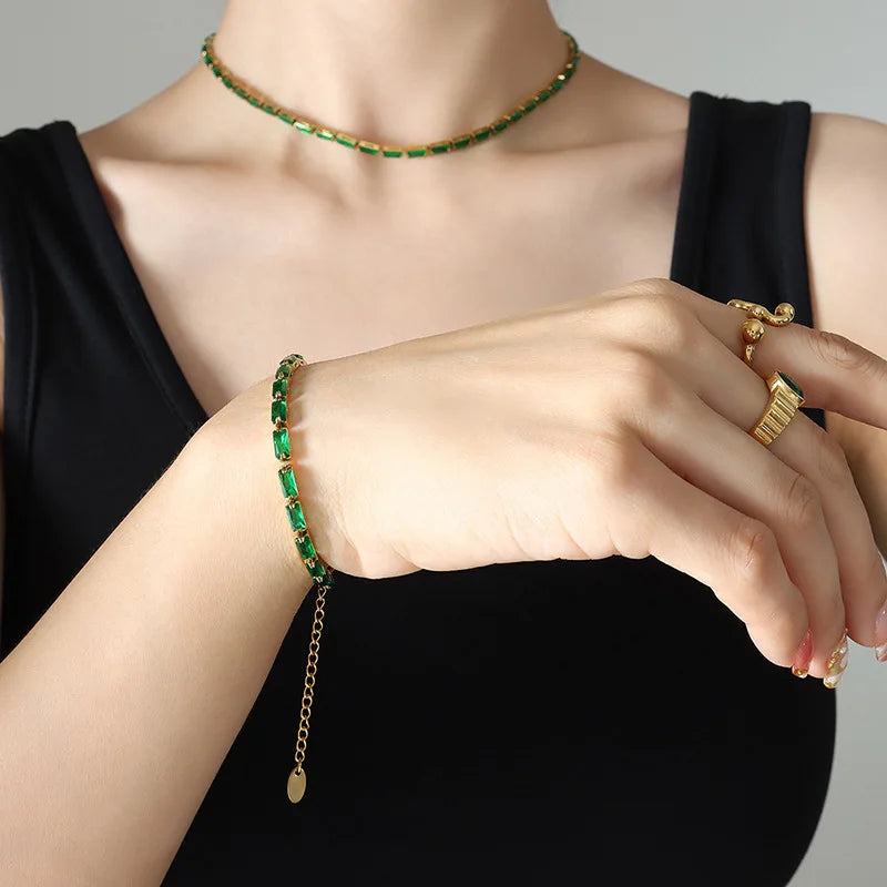 Unique Design Popular Elegant 18K Gold Plated Stainless Steel Square CZ Classic Necklace Bracelet Set Women P1192
