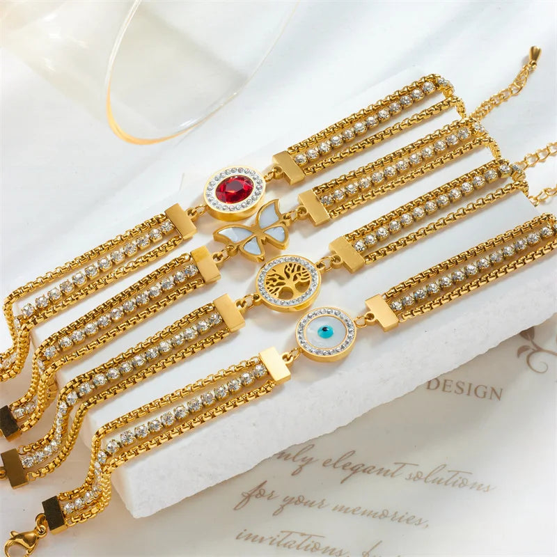 Fashion Stainless Steel Devil Eye Bangle Jewelry 18k Gold Plated Zircon Tree of Life Bracelets for Women MegaBDM