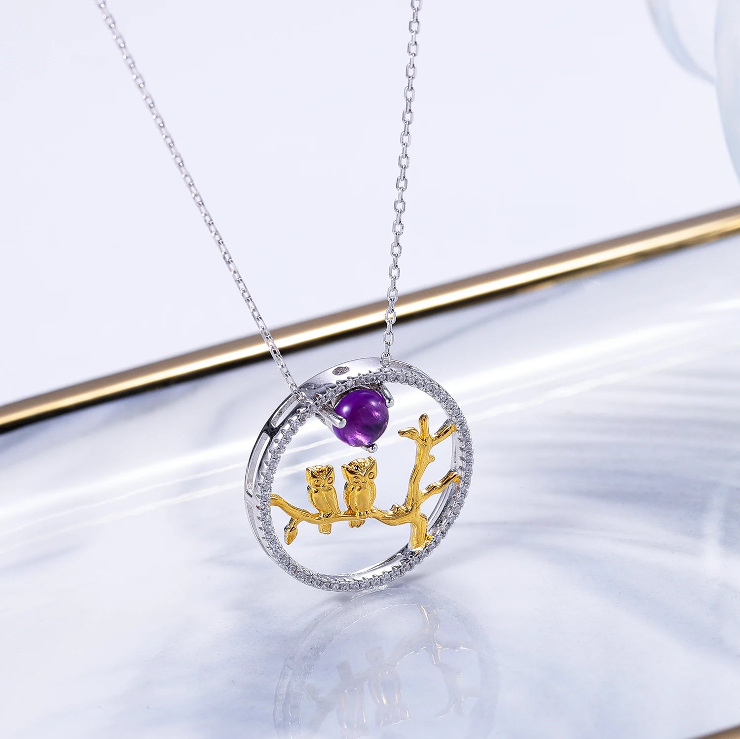 C8086 Abiding Jewelry Good Selling Owl Natural Amethyst Jewelry Silver 925 Women Jewelry Wholesale Fashion Necklace Pendant