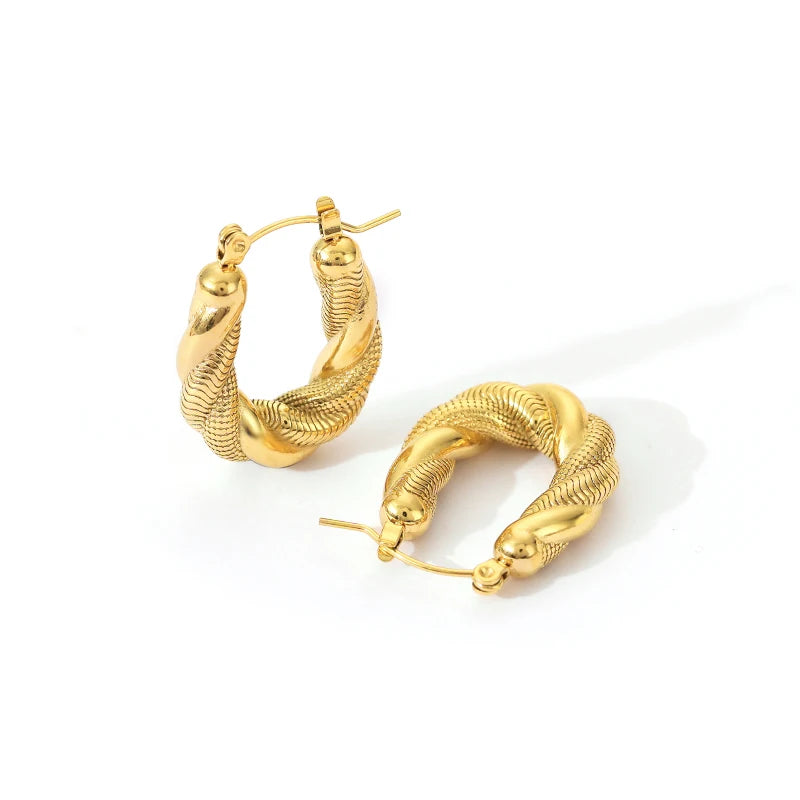Trendy Chunky 18K Gold Plated U Shape Croissant Statement Stainless Steel Oval Twist Hoop Earrings for Women