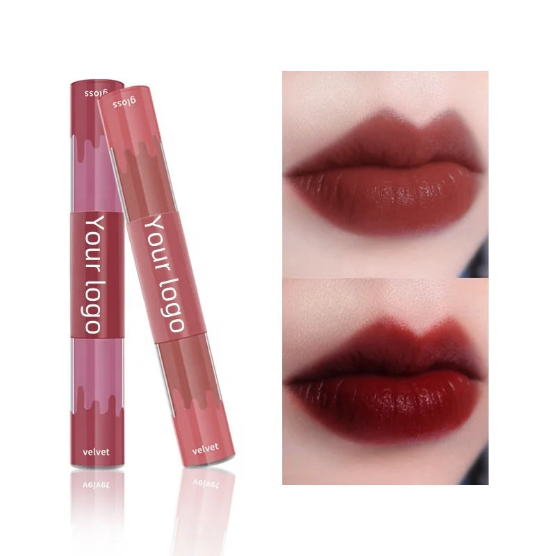 Wholesale 2-in-1 Matte Lip Gloss Double Head Lipstick with Glossy Mineral Liquid Red Lipstick Custom Private Label Waterproof