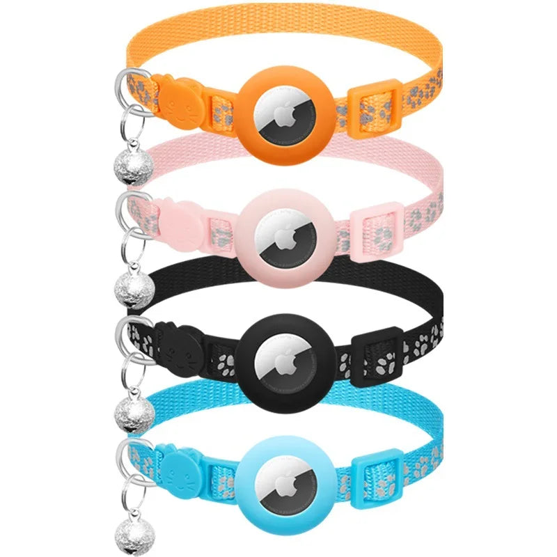 2026 New Arrival Wholesale Reflective Stripe Paw Printed Nylon Cat Collar Airtag Holder GPS Dog Collar with Bell