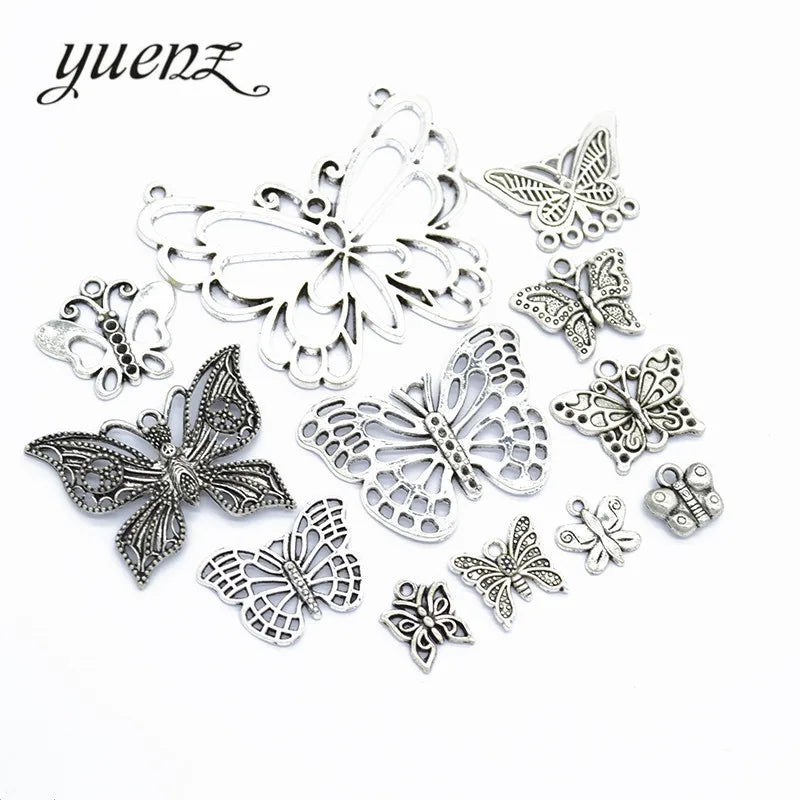 12PCS/set Mix Antique Silver Color Butterfly Charm Fit Metal Necklace Ring Bracelet Pendant Jewelry Making U014