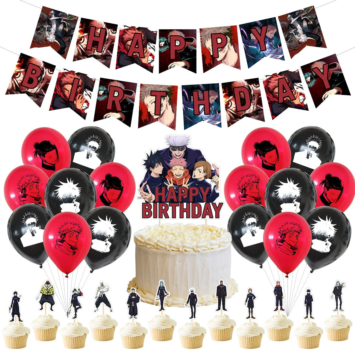 Jujutsu Kaisen Japanese Anime Theme Birthday Party Decorations Cartoon Banner Cupcake Toppers Set Kids Party Supplies Made Paper