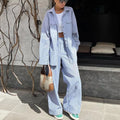 Enyami Custom Blue Striped Oversized Lapel Long Sleeve Blouses Shirts Trousers Pants Loose Women Chic 2 Piece Set