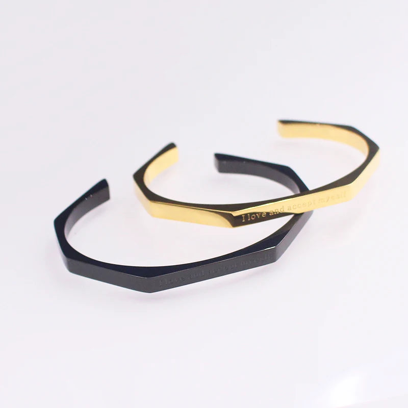 New Design 5MM Customized 18k Gold Plated Jewelry Stainless Steel Engraved Metal Hexagon Bangle Cuff Bracelet Women