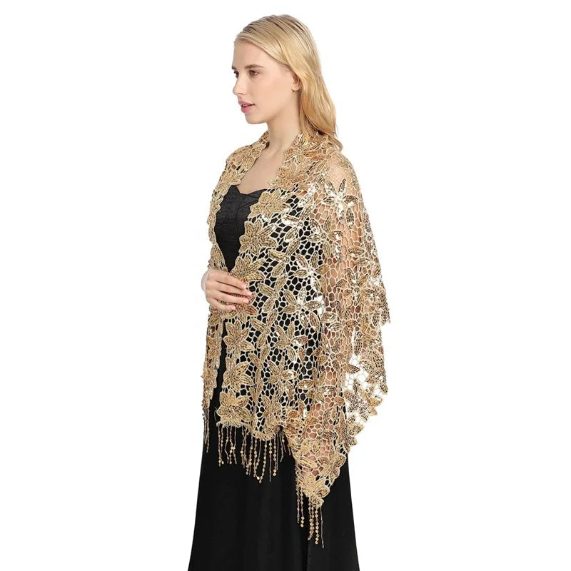 MIO Fashionable Sequins Tassel Shawl for Dinner Party Evening Dress Women Lady Elegant Lace Wraps Shawl