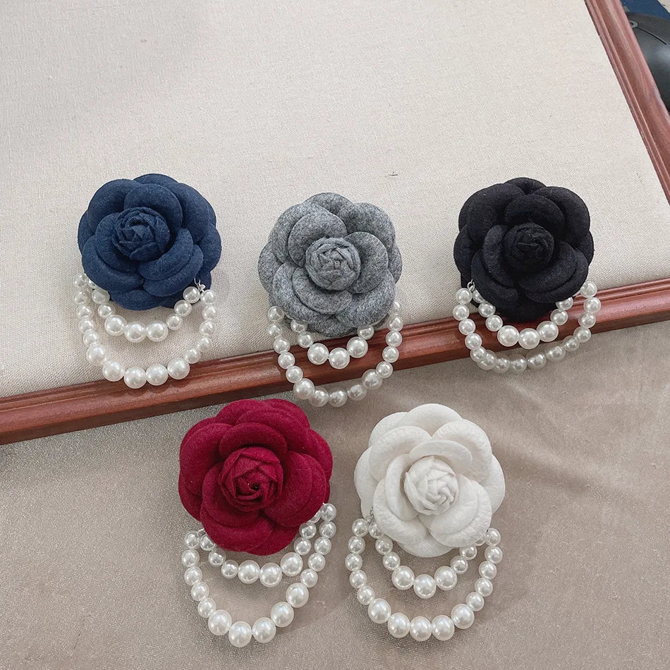 Imitation Wool Scarf Buckle Cloth Art Corsage Pin Camellia Tassel Pearl Brooch