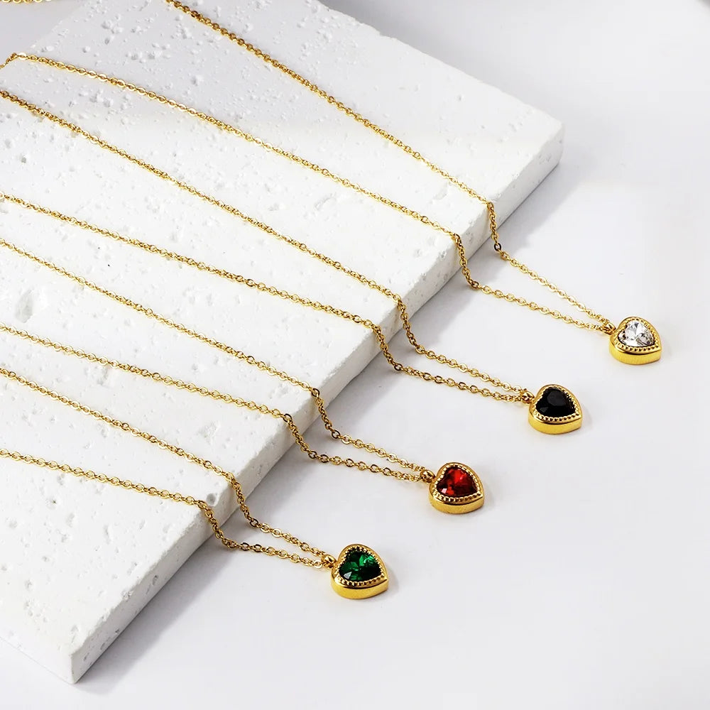Romantic Jewelry White Black Red Green Heart Shape Diamond Pendant Gold Plated PVD 18K Stainless Steel Necklace for Women Party
