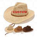 Custom Logo Hand Woven Crocheted Natural Grass Cowboy Straw Hat Breathable Rope Weave Hollow Wide Brim Travel Unisex Four