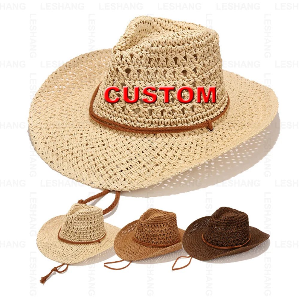 Custom Logo Hand Woven Crocheted Natural Grass Cowboy Straw Hat Breathable Rope Weave Hollow Wide Brim Travel Unisex Four