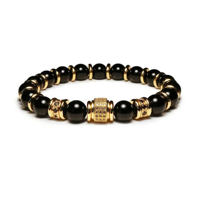 New Fashion 8mm Natural Stone CZ Pave Charm Beaded Elastic Bracelet for Women