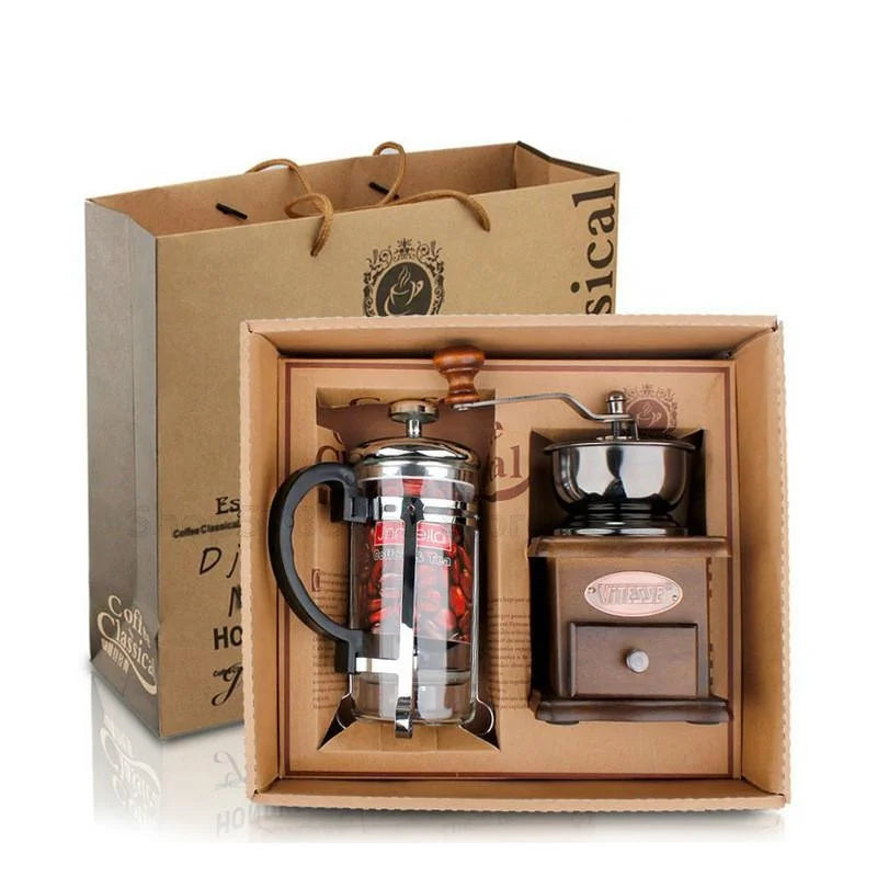 Wholesale Coffee Accessories Gift Box Wood Manual Coffee Grinder with 350 ml Glass French Press MegaBDM