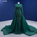 Rsm67496 2022 New Custom Muslim Green Detachable Tail Embroidered Satin Prom Elegant Evening Dress