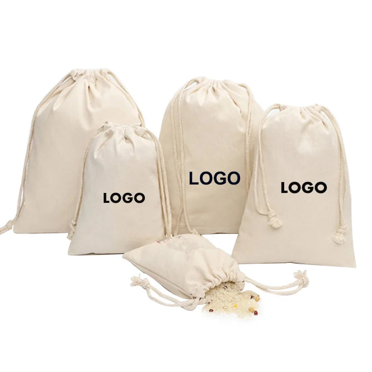 Custom logo Personalized Soft Fabric Calico Canvas Cotton Drawstring Bag with Double String