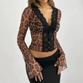 2025 Spring Y2K Women Fashion Outfits Mesh Leapord Print V Neck Long Flare Sleeve Sexy See Through Slim Crop T-Shirt