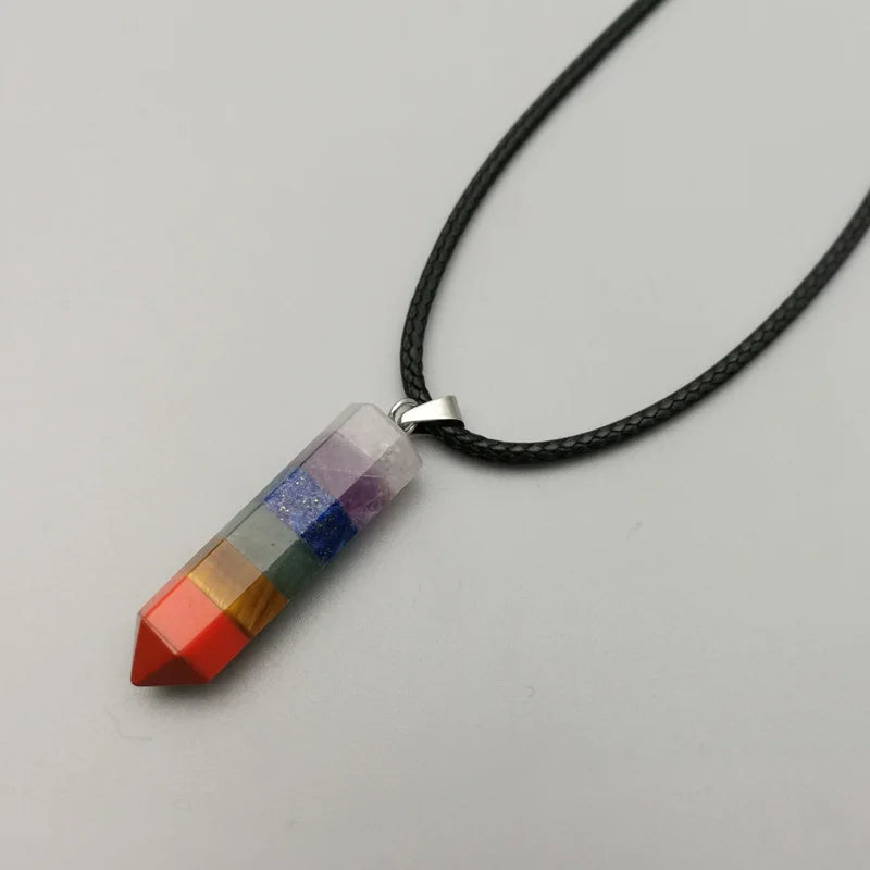 Hot Selling  Natural Crystal Hexagonal Necklace Pendant Seven Colors Stone Bullet Section 7 Chakra Pendant