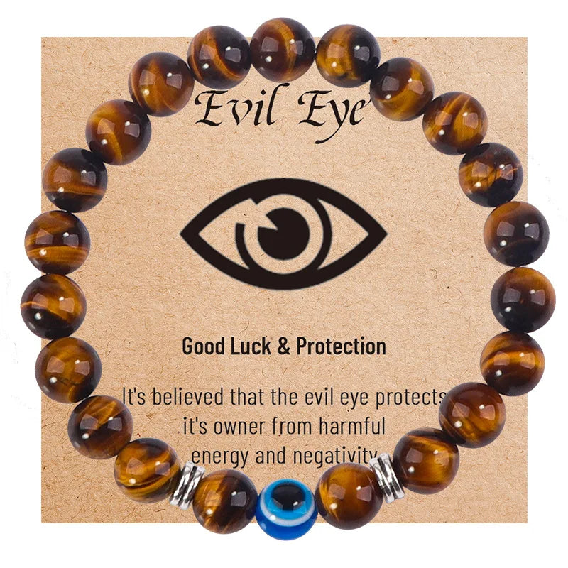8MM Evil Eye Card Gift Bracelet Natural Tiger Eye Stone Blue Eye Beaded Bracelet