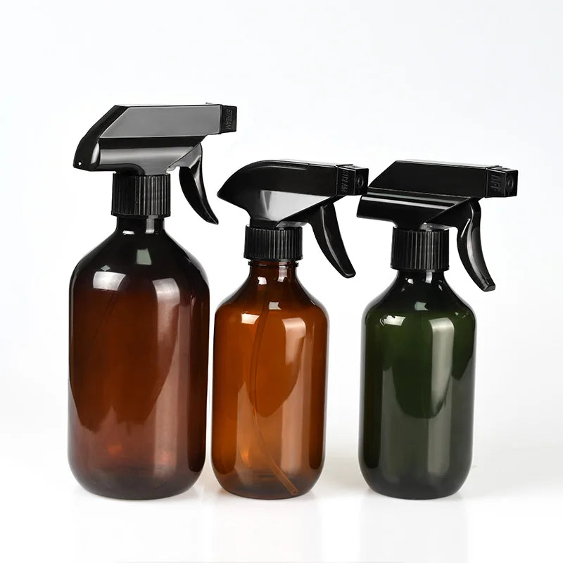 Empty 300ml 500ml amber green blue PET plastic bottles with trigger spray lid