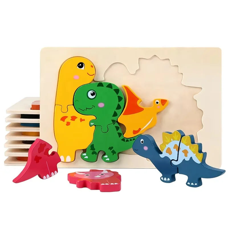 Factory Wooden Jigsaw Dinosaur Puzzle Montessori Children Toy Learn Educational Toys 3D Cartoon Animal Puzzles for Kids
