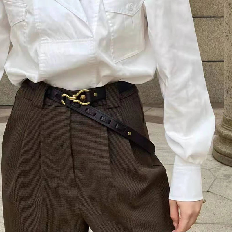 New Thin Cowhide Leather Belt for Lady Girls Dress Autumn Designer 3.4cm Width Clasp Belt Buckle Genuine Leather Belt Women