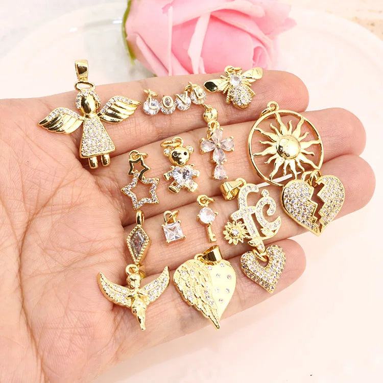 CZ8650 Mini Minimal Gold Plated CZ Paved Praying Baby Angel Wing Love Heart Cross Charm for Necklace Jewelry Accessories Making