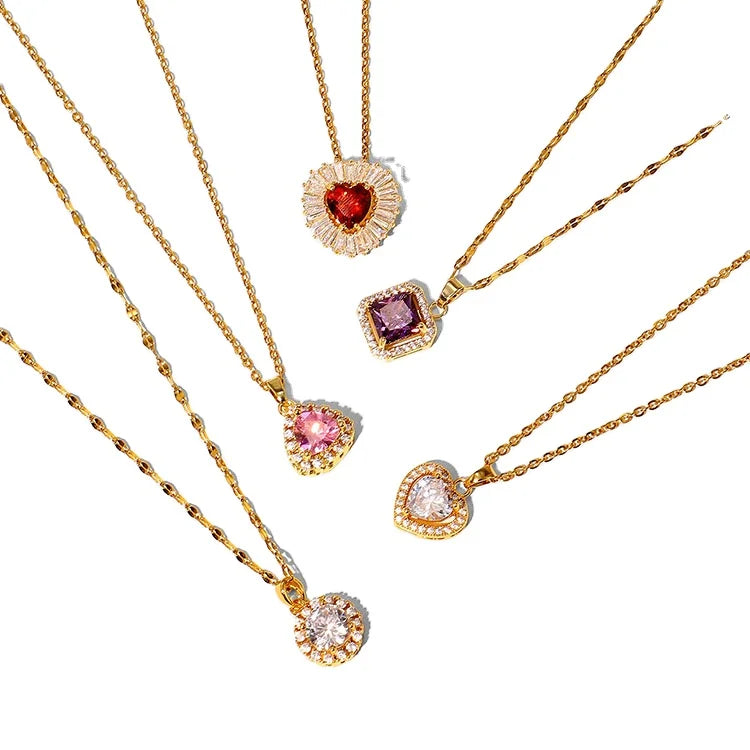 C071 18K Gold Plated Pendant Fashion Jewelry Stainless Steel Purple Square Heart Cubic Zircon Necklace for Women