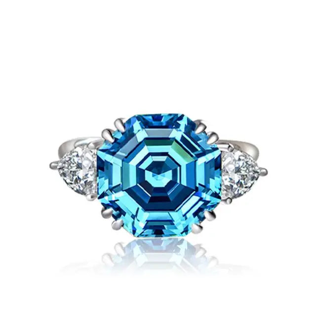 925 Silver Rhodim Plated Blue Crystals Cubic Zirconia Rings Women's Women Engagement Ring