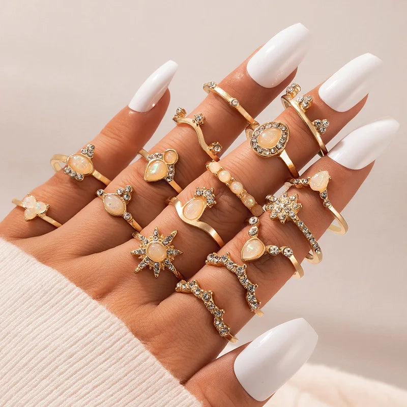 Bohemian Midi Knuckle Ring Set For Women crystal Elephant Crown crescent Geometric Finger Rings Vintage Jewelry