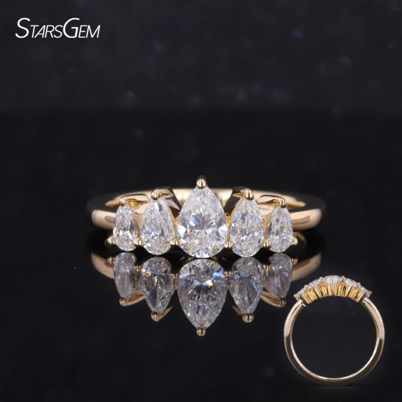 Starsgem Unique Jewelry 14K Yellow Gold Wedding Ring Cluster Lab-Grown Diamond with Pear Cut Engagement Eternity Band
