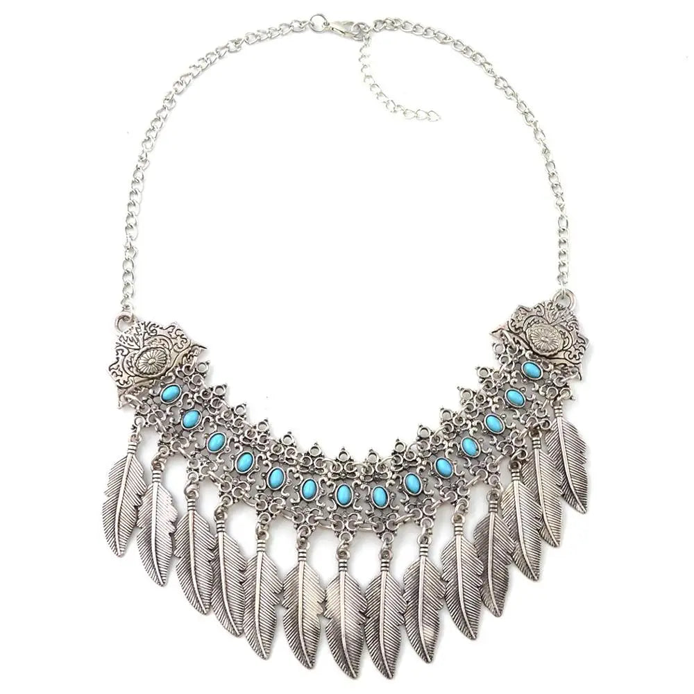 SC Fashion Bohemian Choker Necklace Silver Plated Turquoise Leaf Pendant Choker Necklace for Women Jewelry